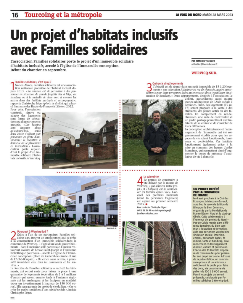 Article de presse du journal La Voix du Nord, édition Roubaix-Tourcoing. Un projet d'habitats inclusifs avec Familles Solidaires